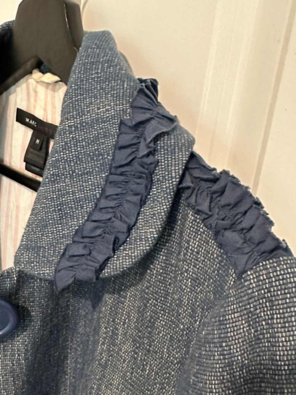 MARC JACOBS Blue Cotton Coat with Chic Ruffle Accents, Size M
